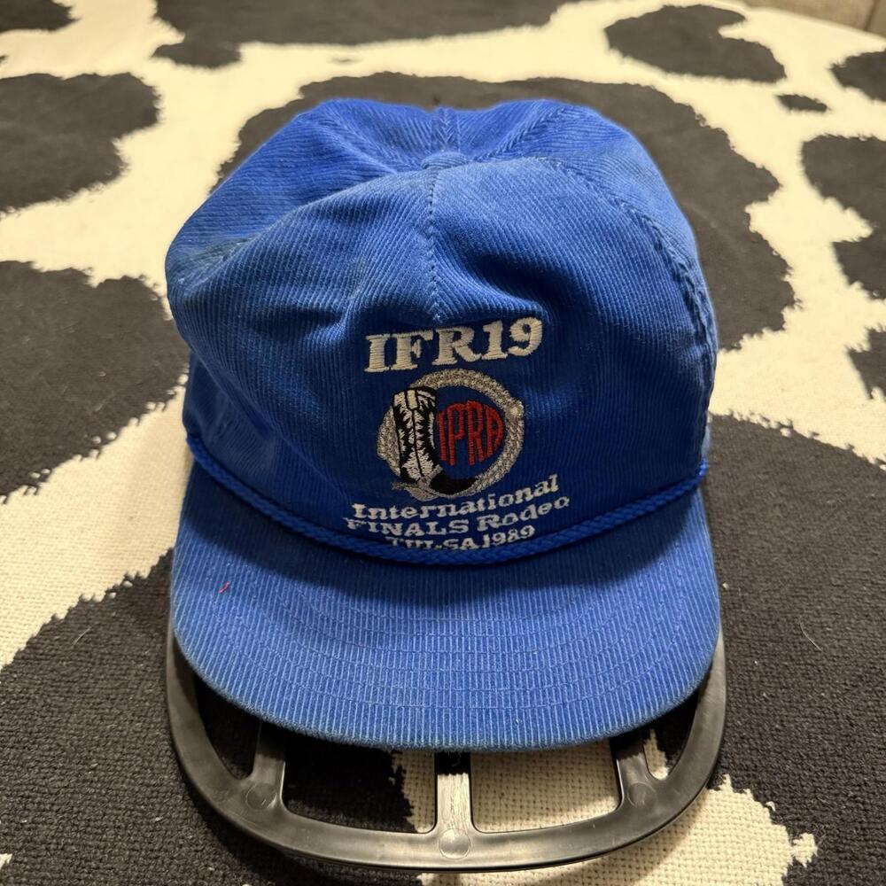 Vintage 80s 1989 National Finals Rodeo Hat Blue Corduroy Strapback Cap OSFA